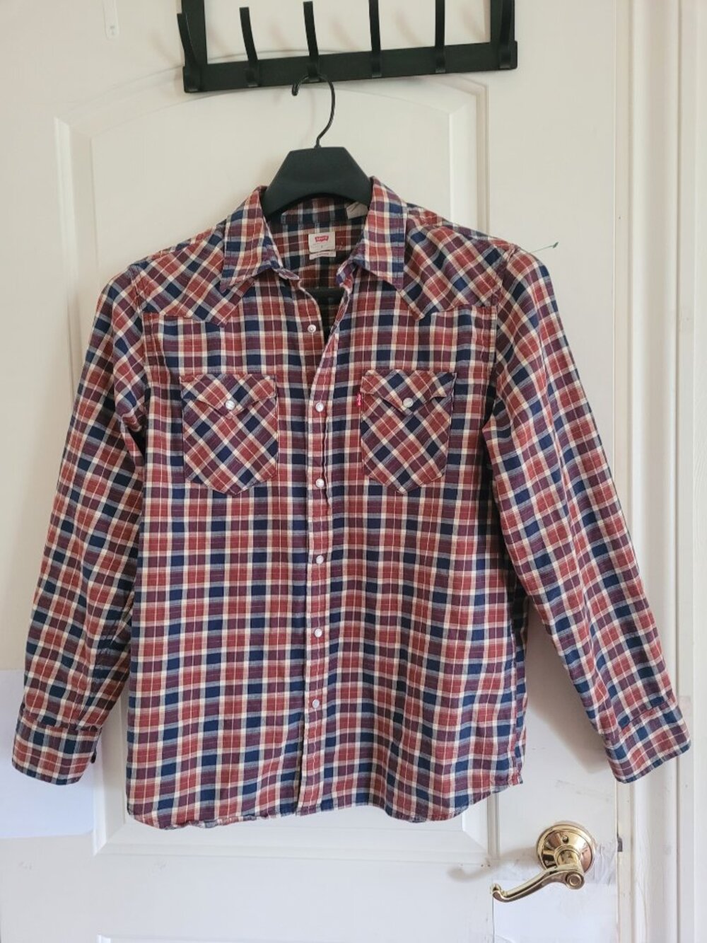 Levi's Western Shirt Mens L Blue Red Plaid Pearl Snap Long Sleeve Cotton Cowboy